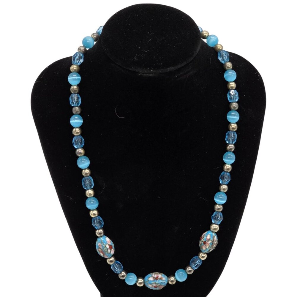 Blue Floral Cloisonne Style Bead Necklace Glass Crystal Silver Tone 18–21”